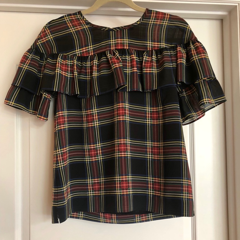 J. Crew Ruffle Tartan Edie top in Stewart Plaid
